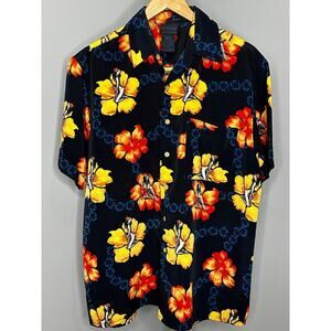 Extreme Gear Hawaiian Shirt Pin Up Girl Hibiscus Print Medium Y2K